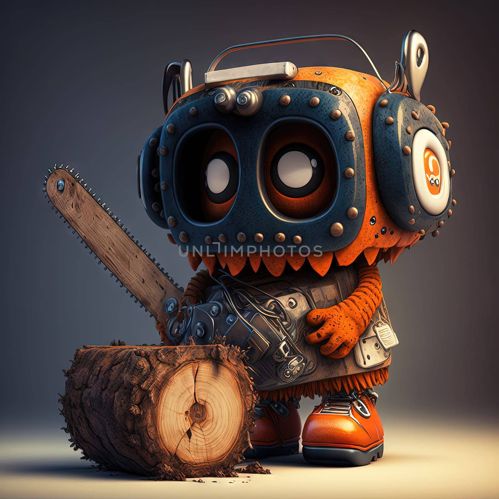 Funny and spooky figure of monster with a chainsaw. Crazy lumberjack mascot. Generative AI