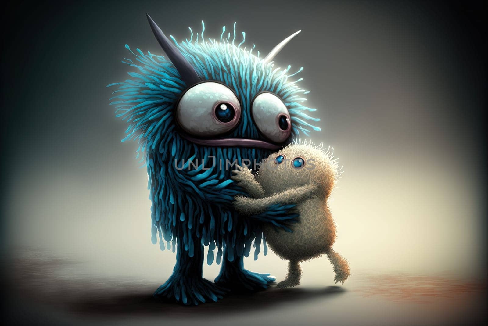 Monster hugging the child. Cute scene with mother monster love. Generated AI