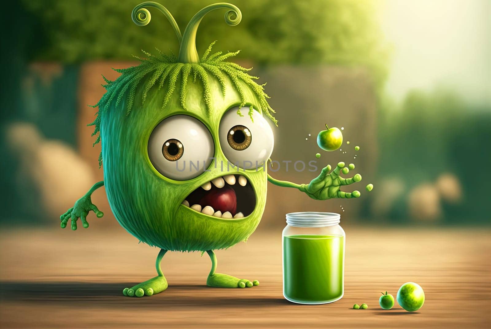 Funny monster juice. Cute glass of juice character with splashing fresh beverage. Generated AI