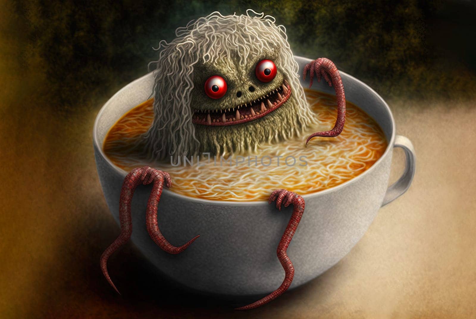 Funny monster spaghetti. Cute pasta, noodle or ramen character with crazy funny face. Generated AI