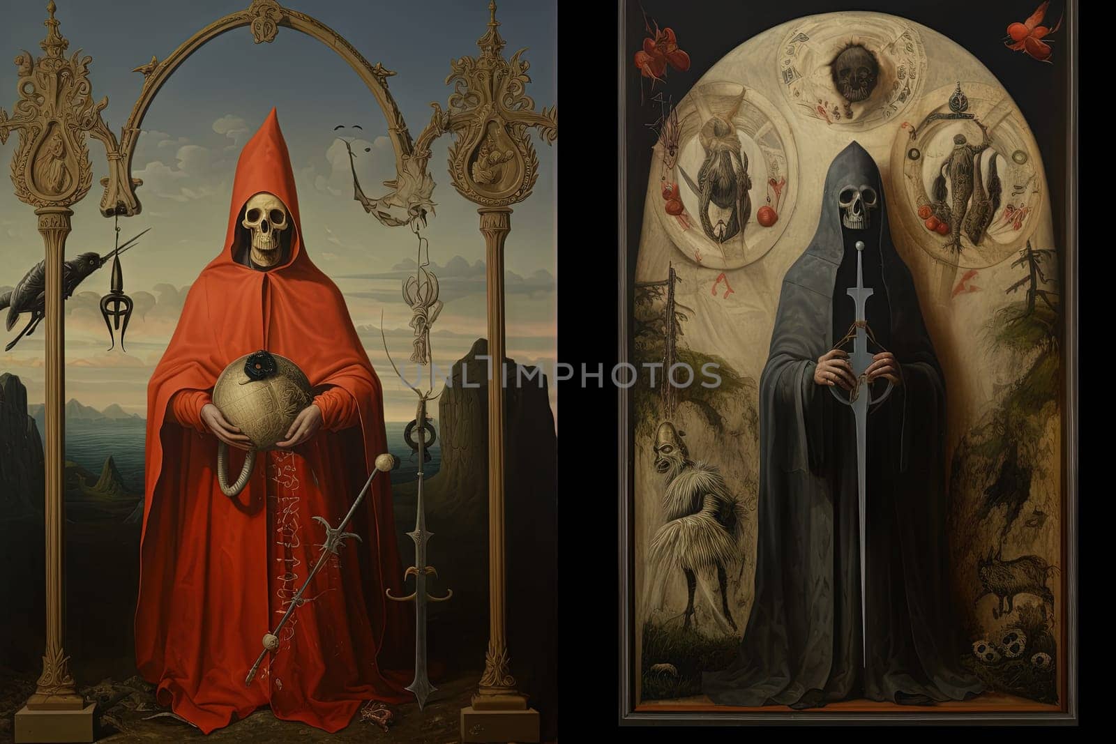 Medieval styled occult art with skeleton and monsters. Ancient icon or old book illustration with mystic religious scene. Generated AI