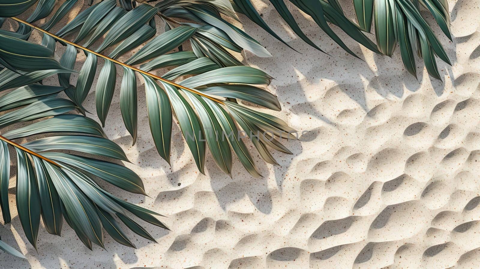 Plam leaves on the tropical beach sand background. Vacation and relaxation concept with dry palm leaves on the hot summer beach. Generated AI