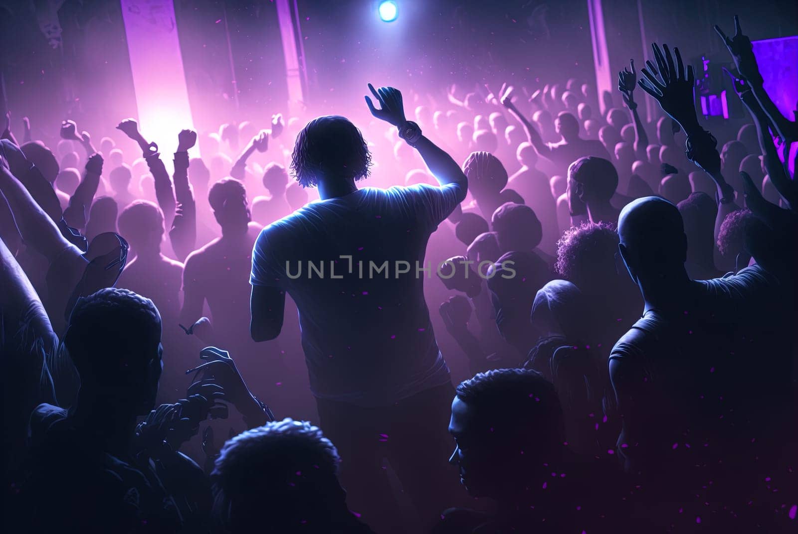 Party people on the show. Night club with lights and dancing people. Party crowd. Generated AI