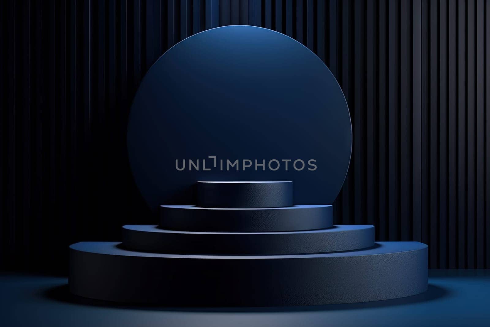 Dark blue pedestal in black room with geometric shapes. Podium for product showcase. Generated AI
