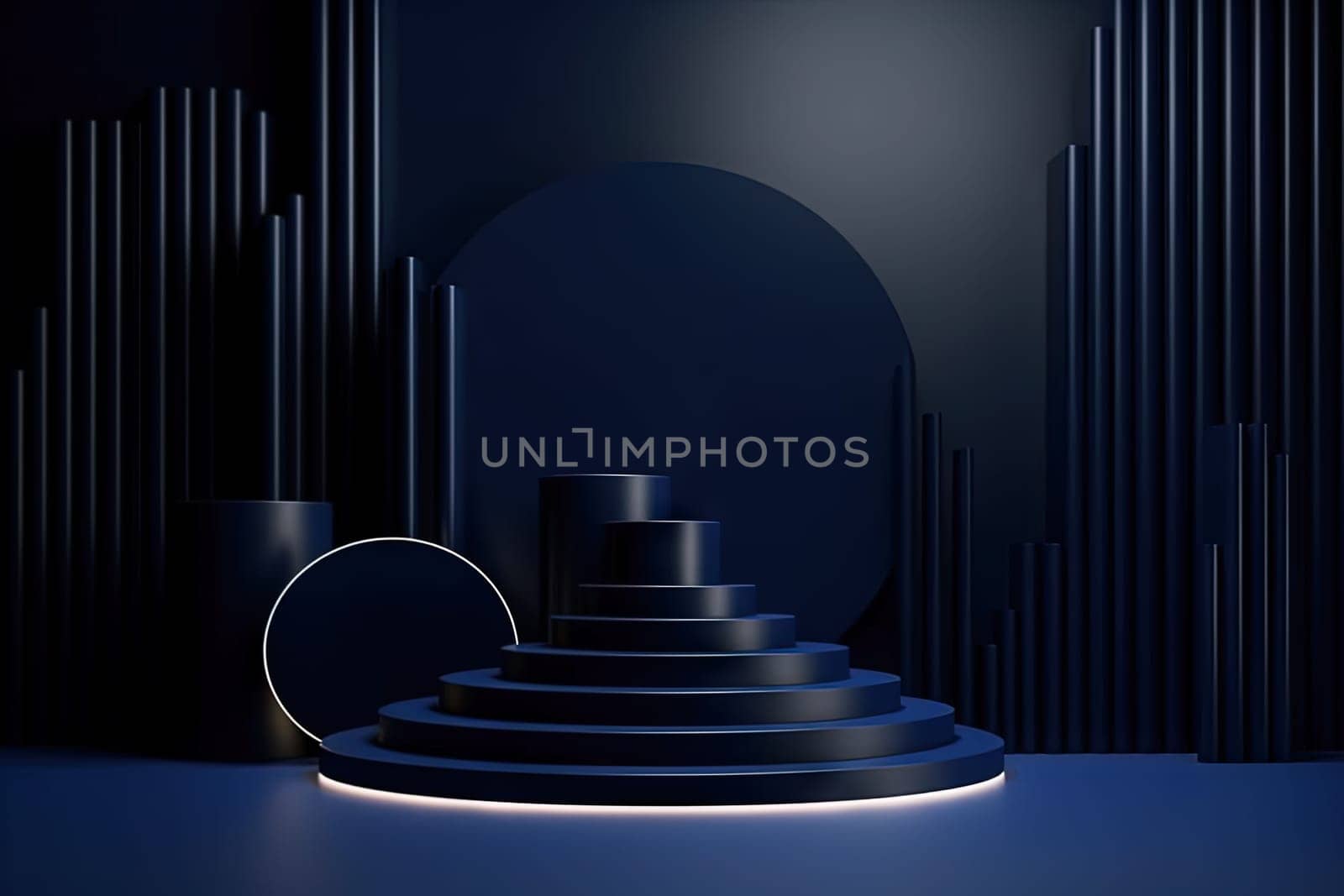 Dark blue pedestal in black room with geometric shapes. Podium for product showcase. Generated AI