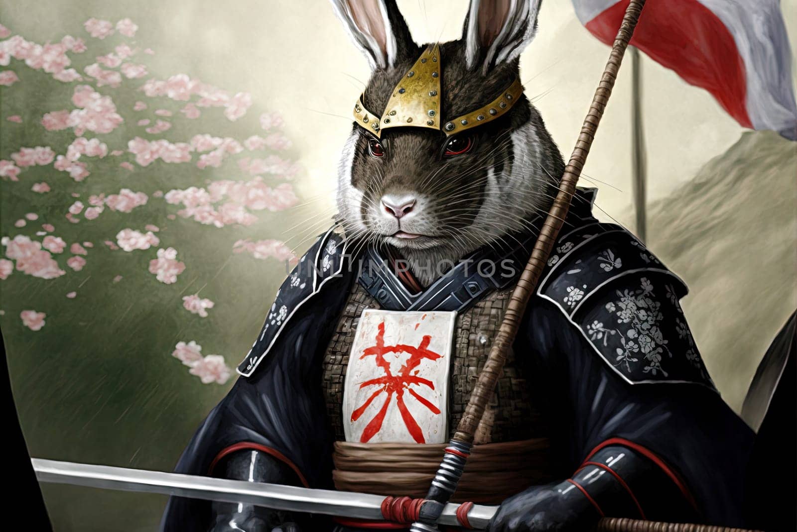 Rabbit samurai in traditional drawing style. Japanese styled art with hare warrior in kimono. Generated AI