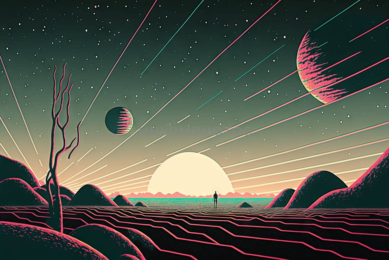 Retro styled sci-fi landscape with mountains. Retro futuristic science fiction illustration in drawing style with alien sun. Generated AI