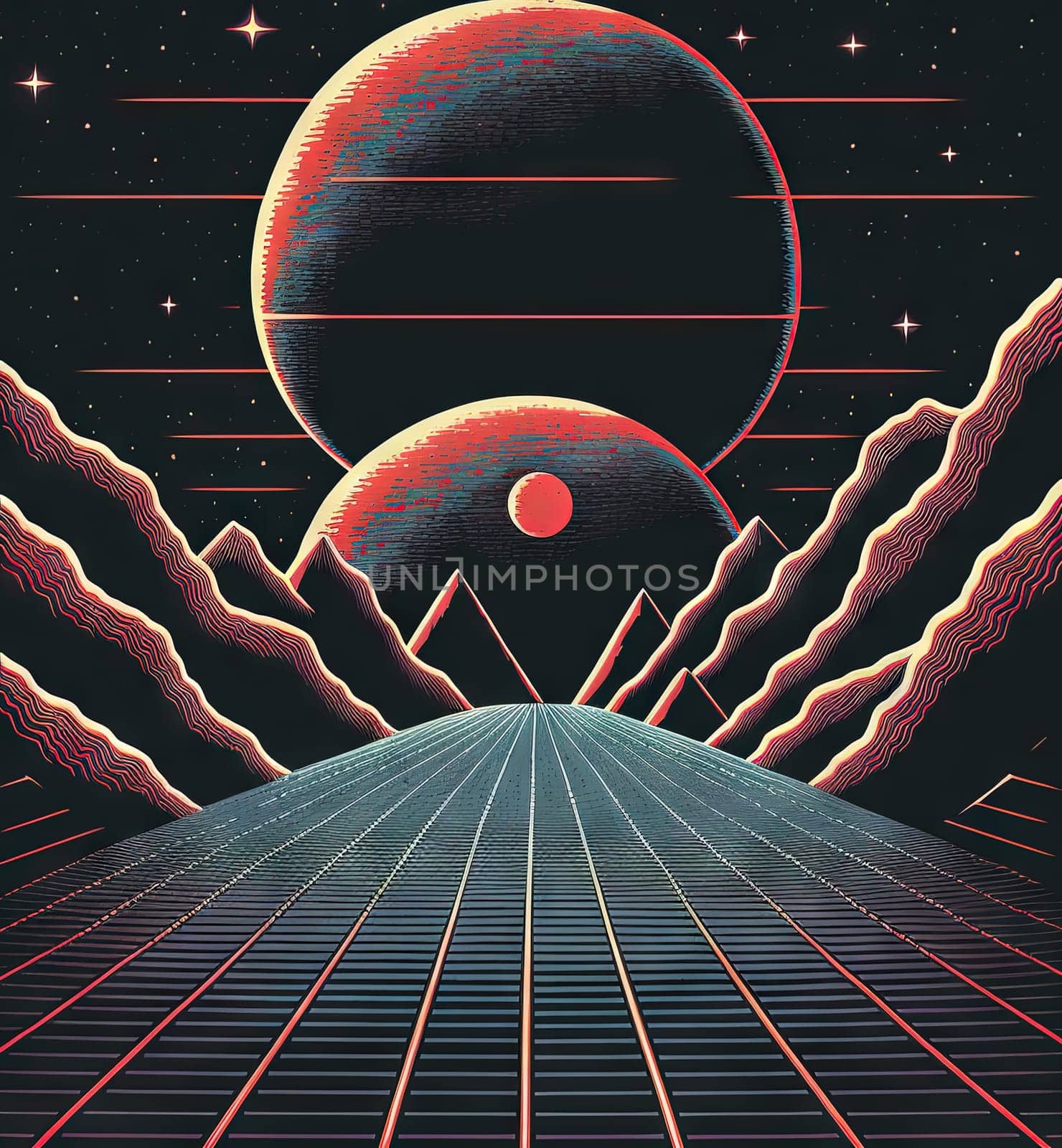 Retro styled sci-fi landscape with mountains. Retro futuristic science fiction illustration in drawing style with alien sun. Generated AI. by SwillKch