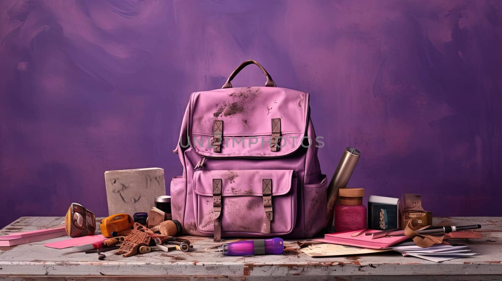 School backpack with colorful learning supplies. Back to school concept. Generated AI