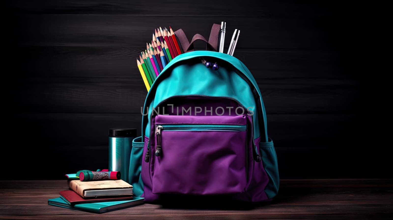 School backpack with colorful learning supplies. Back to school concept. Generated AI