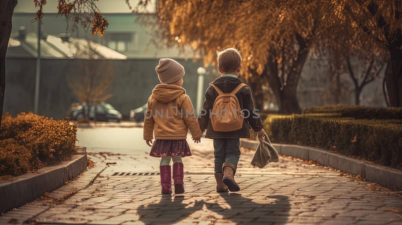 Children walking back home from school with backpacks. Generated AI