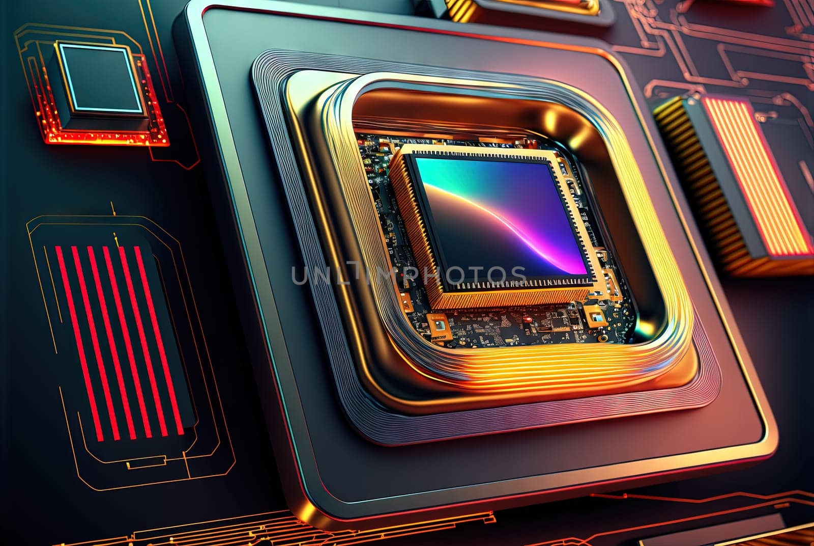 Abstract science and technology background with shiny connection elements and sci-fi intefrace. Tech abstraction wallpaper. Generated AI