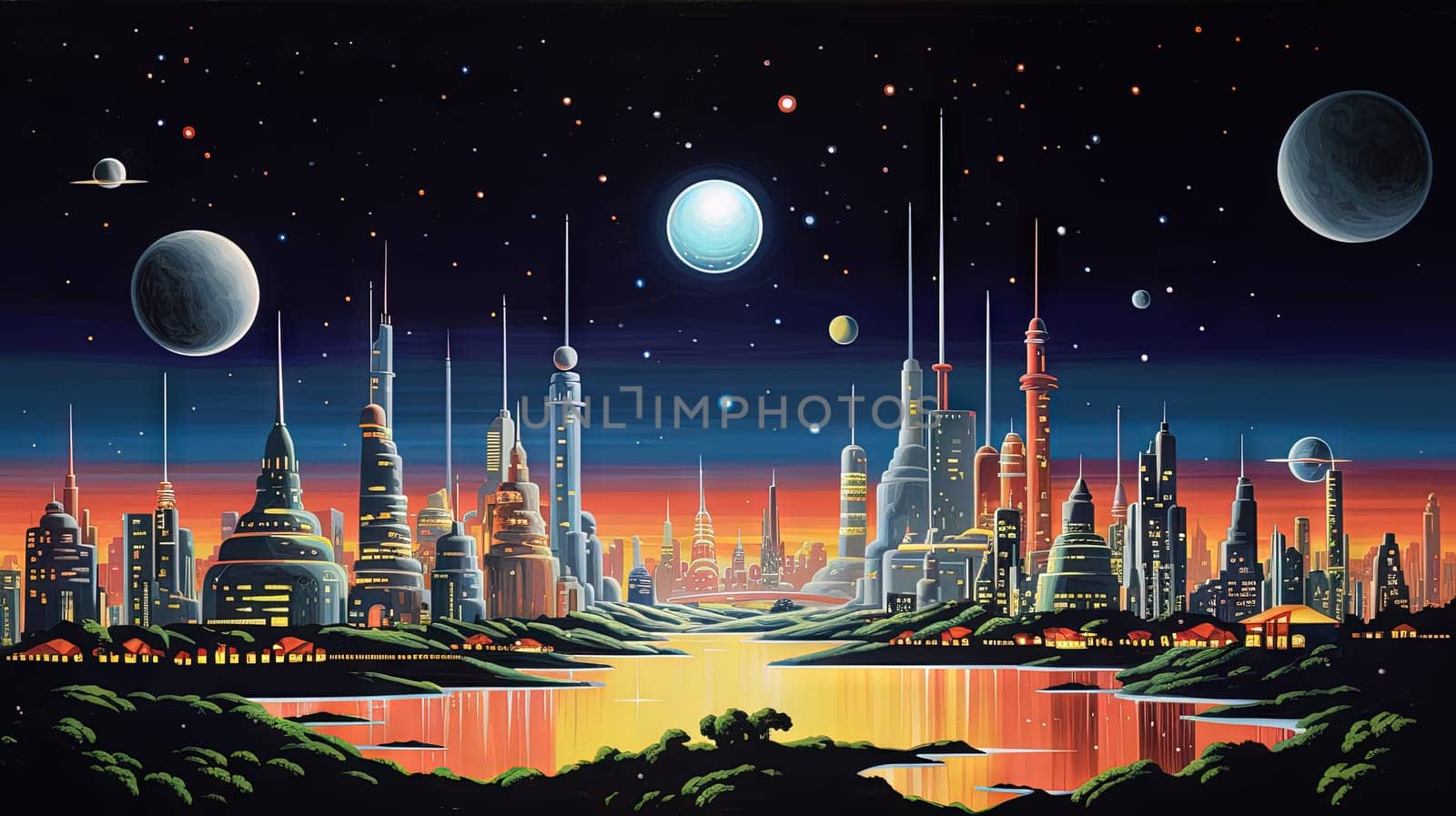 Retro futuristic city in the old school sci-fi art scene. Retro space landscape with city. Generated AI