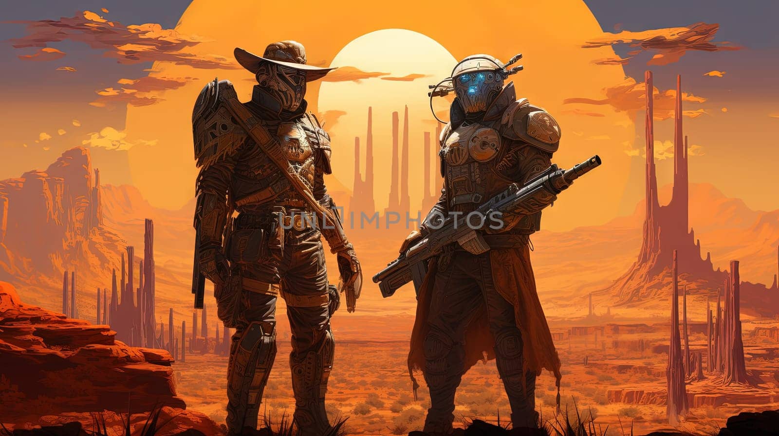 Space cowboys in sci-fi western scene. Sci-fi warriors of the wasteland. Generated AI
