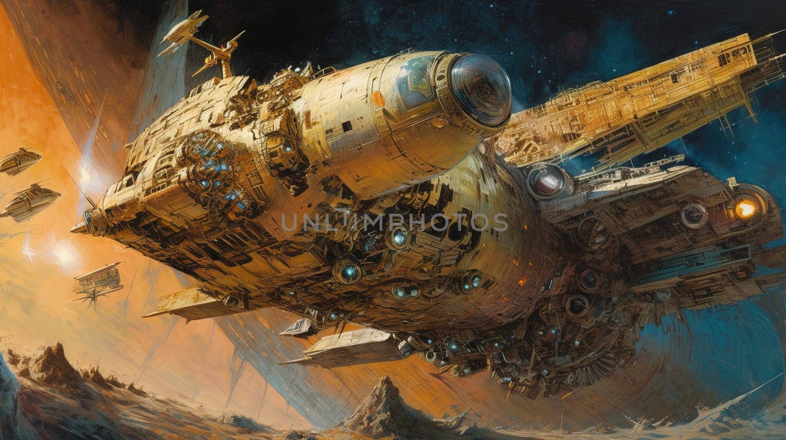 Space ships battle over alien planet in 80s books style. Retro science fiction illustration. Generated AI