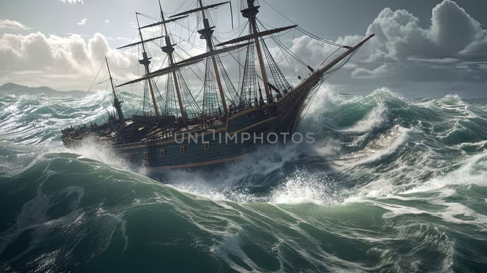 Ship in the stormy sea with huge waves. Giant stormy waves in the ocean and boat. Generated AI