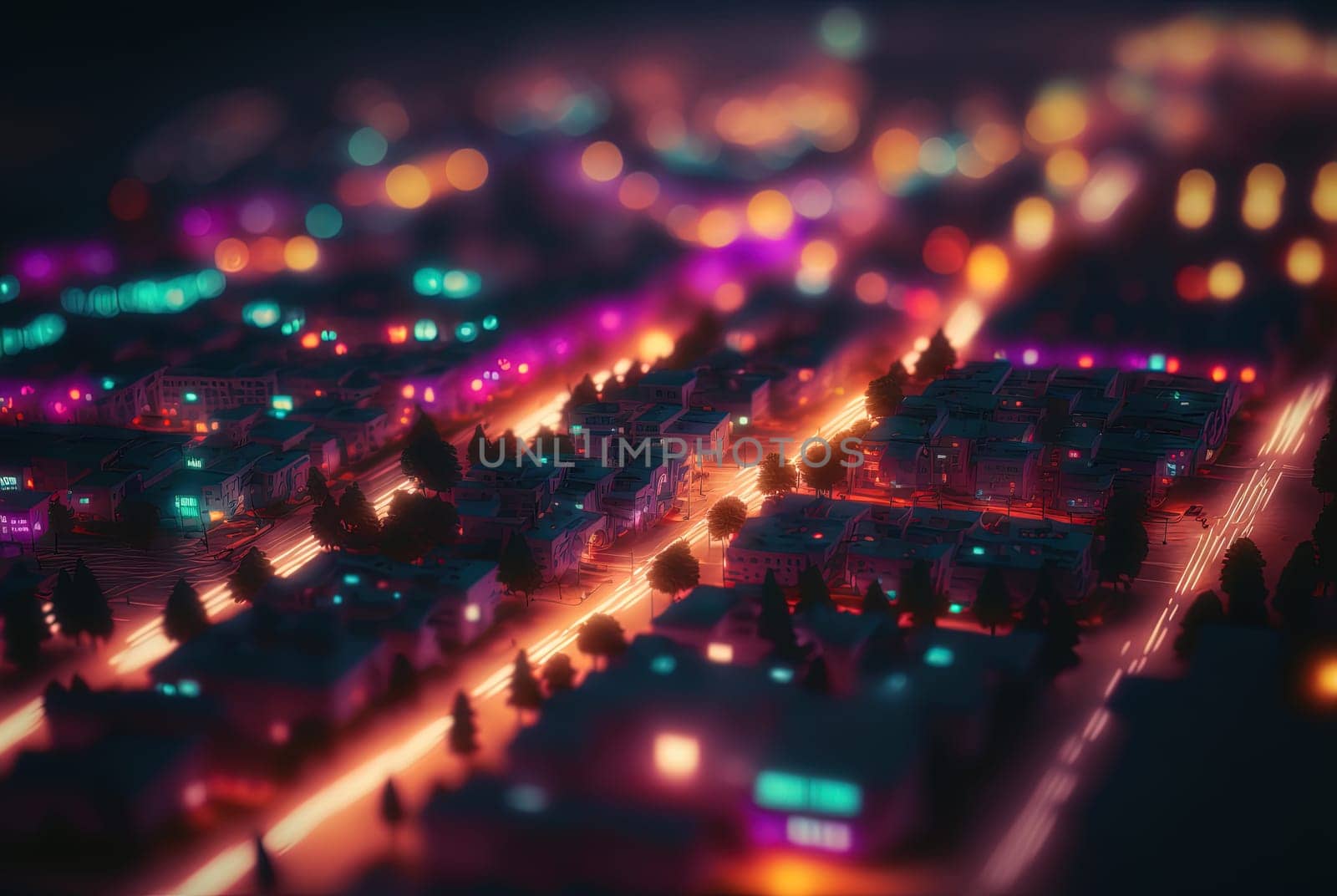 Abstract neon city aerial view. Technology concept of night cityscape with blue lights in synthwave style. Generated AI