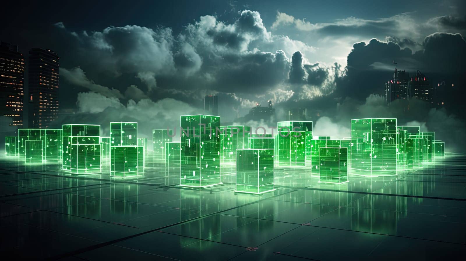 Concept of a digital city with cloud connections. Futuristic network in the clouds. Generated AI