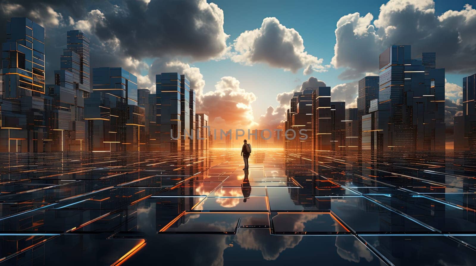 Concept of a digital city with cloud connections. Futuristic network in the clouds. Generated AI