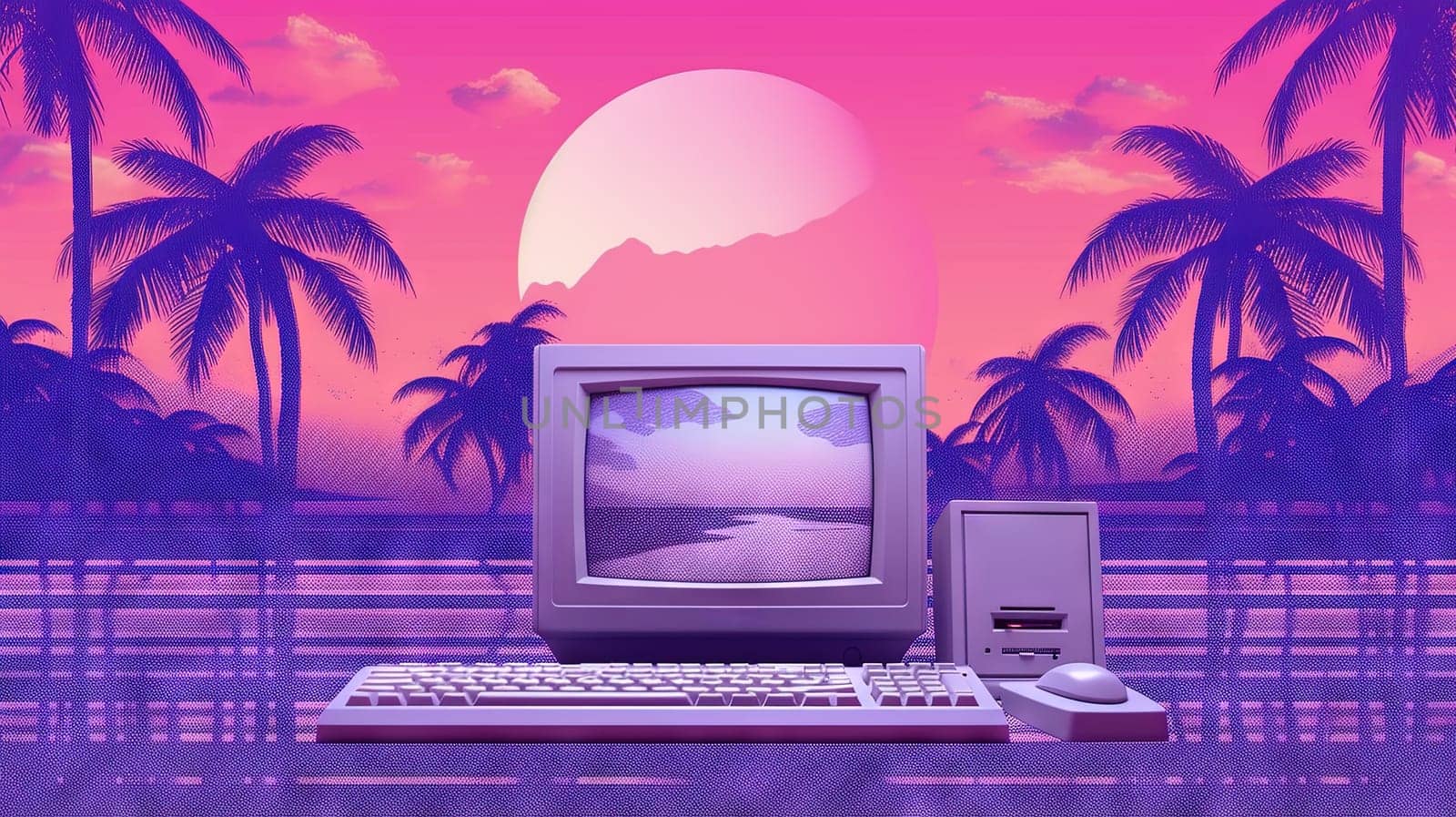 Vaporwave styled scene with computer and palms in purple color. Generated AI. by SwillKch