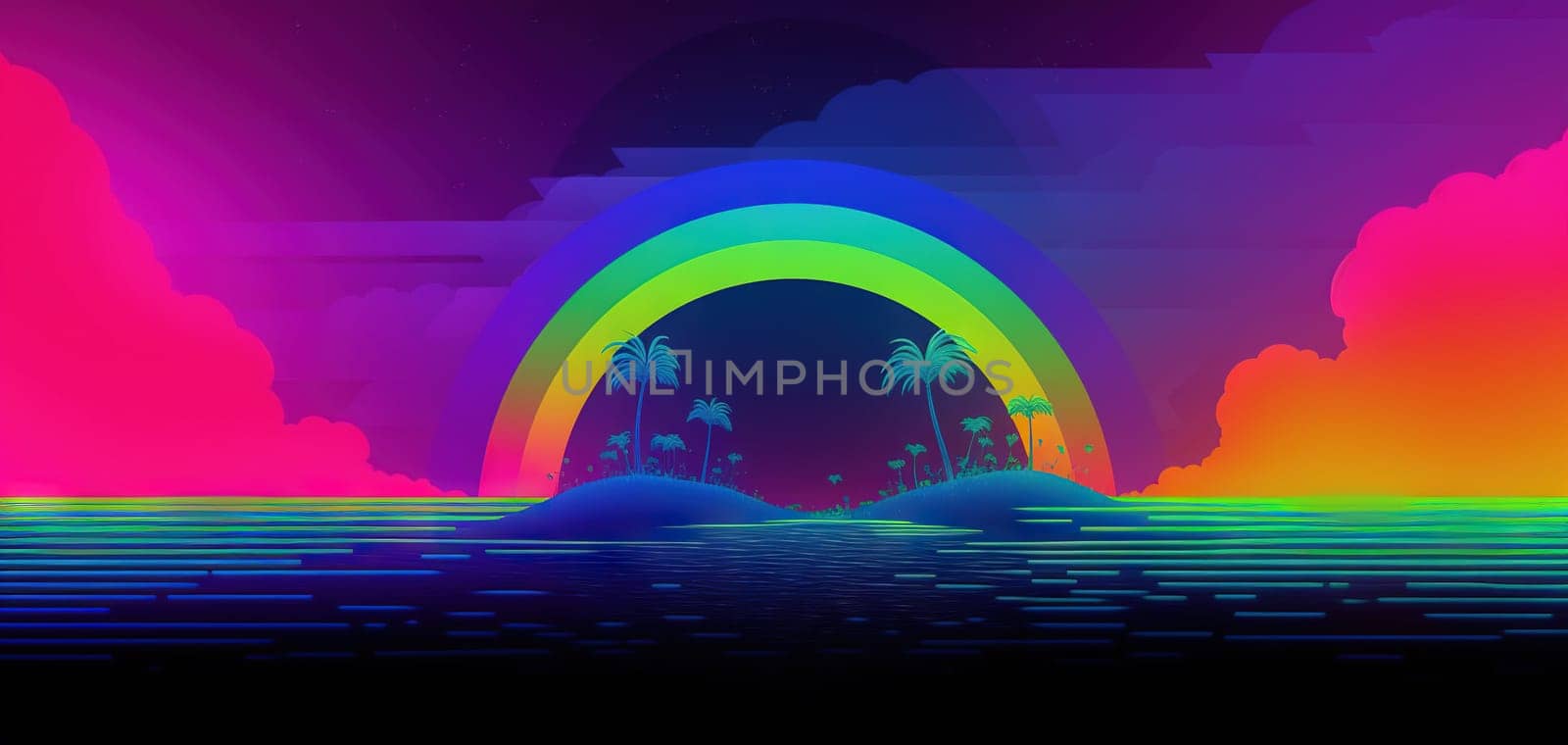 Palm trees and rainbow 80s landscape in vaporwave style. Retrowave vacation background with tropical sunset and palms. Generated AI