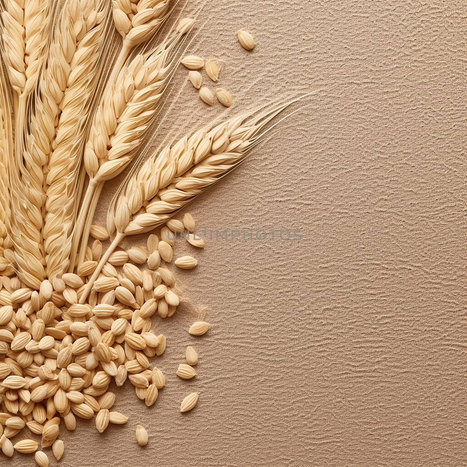Golden wheat and grains on beige background, depicting harvest and agriculture.