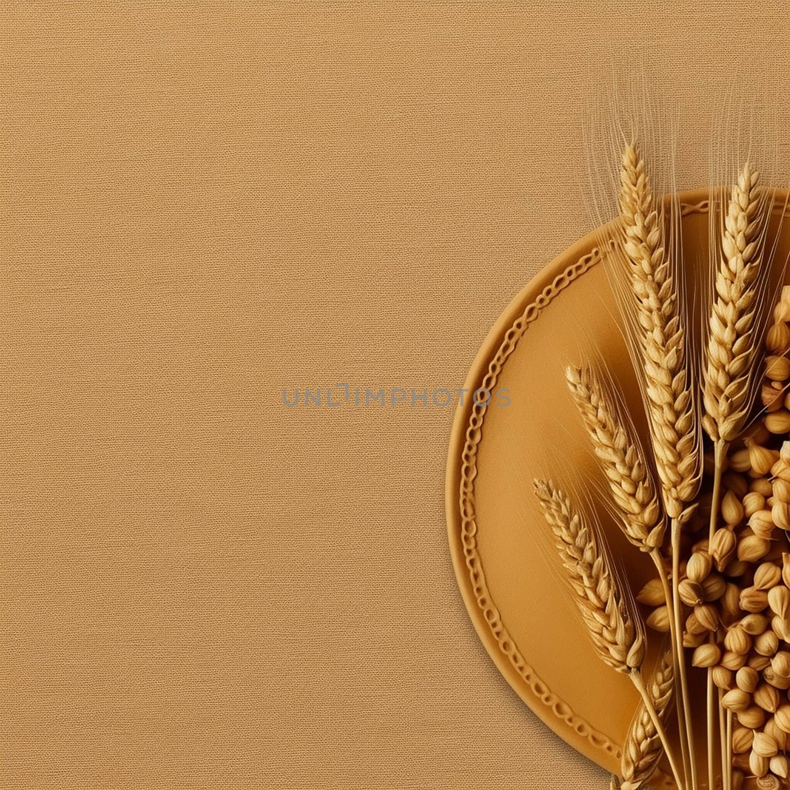 Wheat sheaves and grains on a textured beige background.