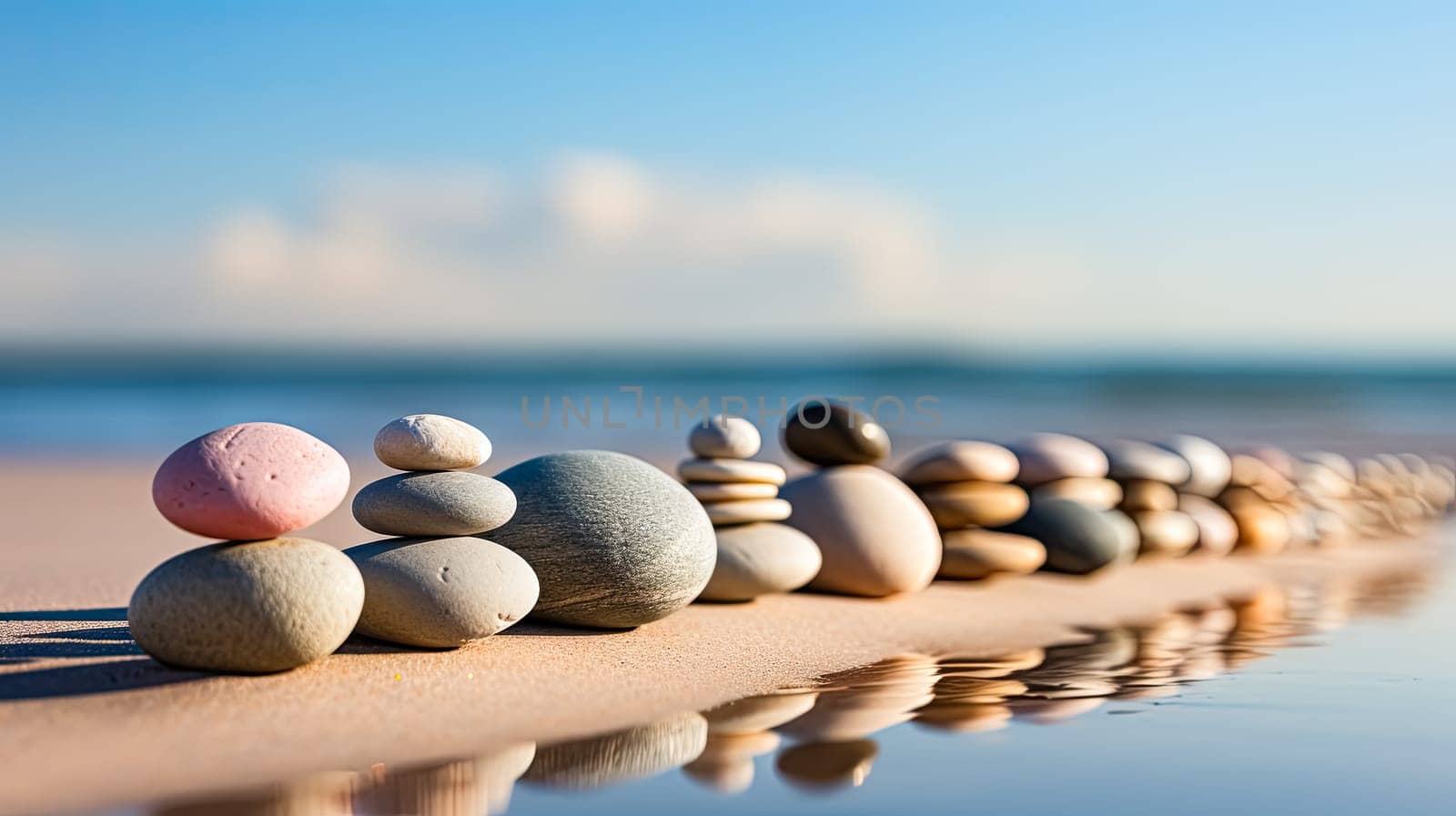 Embrace the serenity of Feng Shui and Zen with a stack of stones artfully arranged on the beach by the Baltic Sea, capturing tranquility and balance.