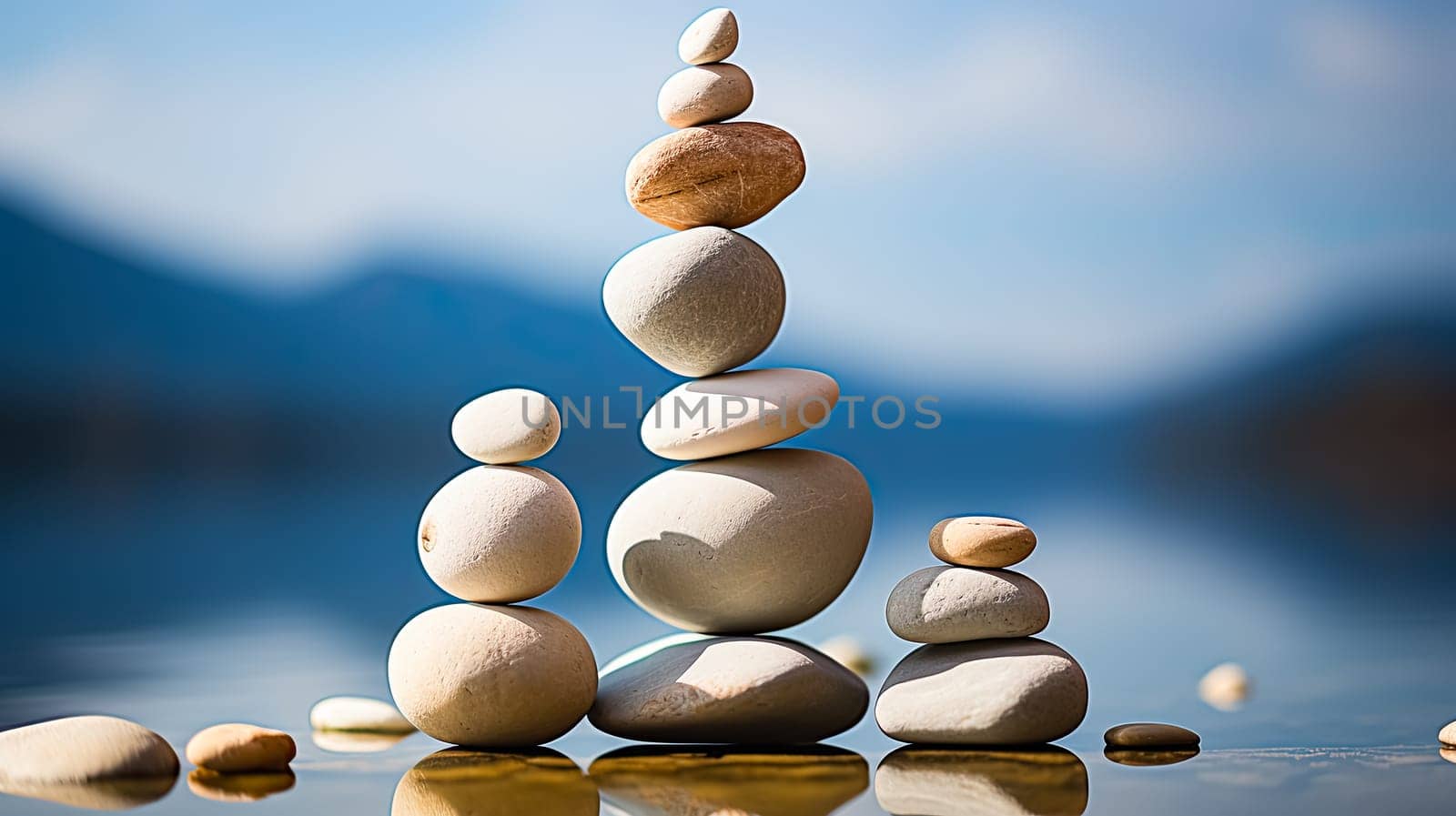 Embrace the serenity of Feng Shui and Zen with a stack of stones artfully arranged on the beach by the Baltic Sea, capturing tranquility and balance.