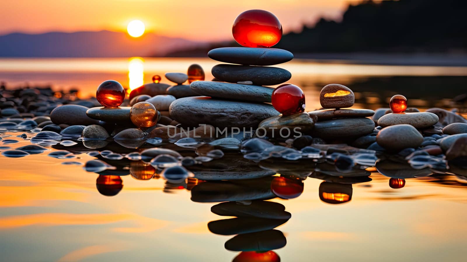 Experience the concept of harmony and balance with zen rocks arranged in the form of scales against the backdrop of the sea. A tranquil and meditative image.