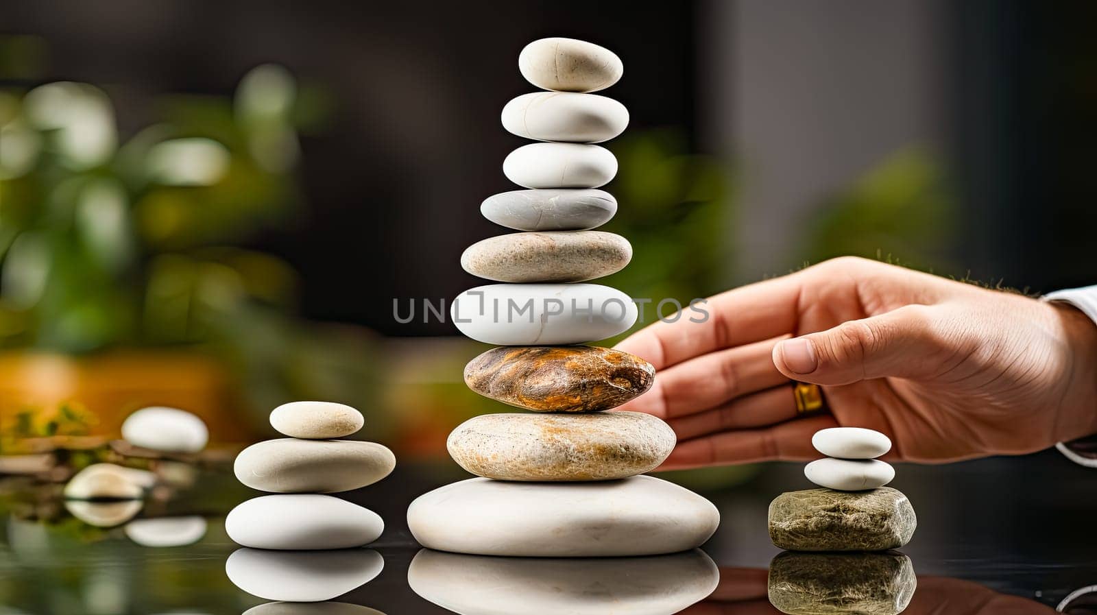 Witness the meditative artistry as a mans hand skillfully places stones one atop the other, creating a captivating balance. A tranquil and harmonious moment.