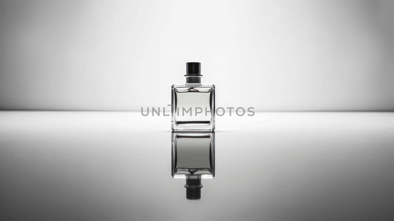 Elevate your senses with a transparent glass bottle of mens perfume on a sleek gray background by Alla_Morozova93