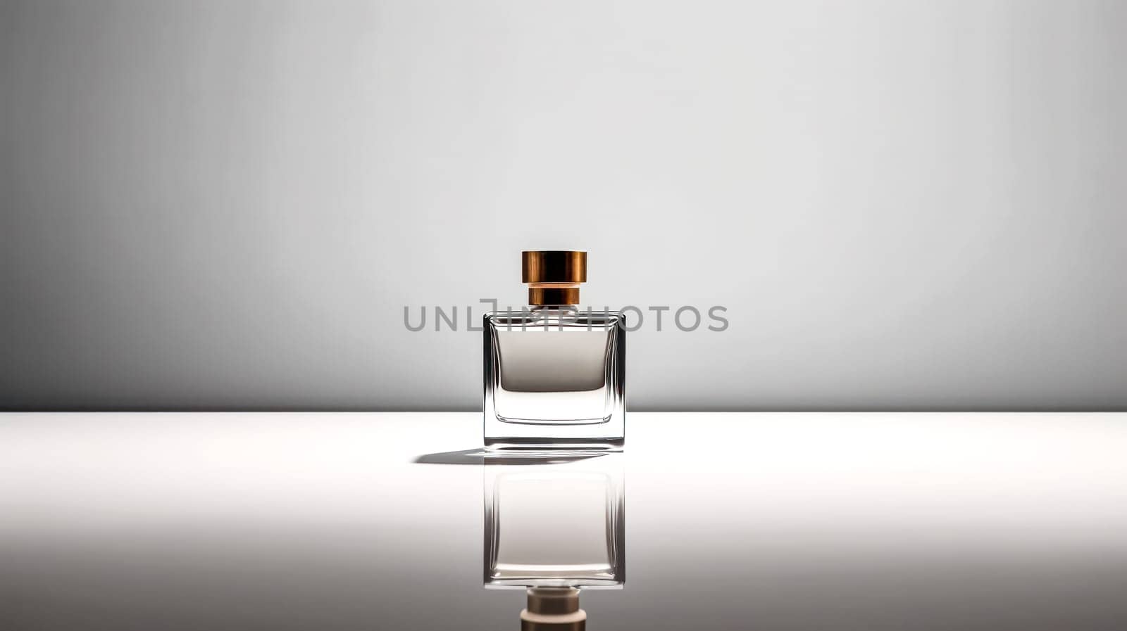 Elevate your senses with a transparent glass bottle of mens perfume on a sleek gray background by Alla_Morozova93