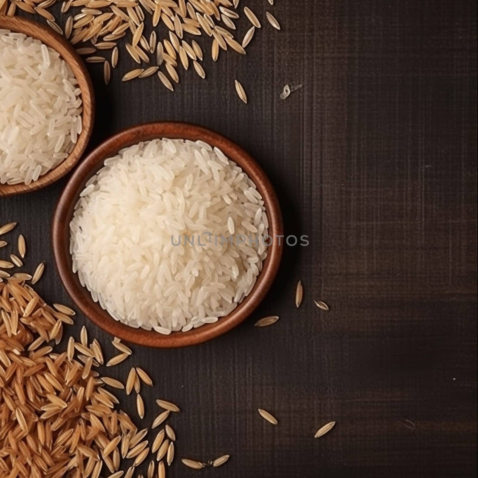 Bowls of white and brown rice on dark background.