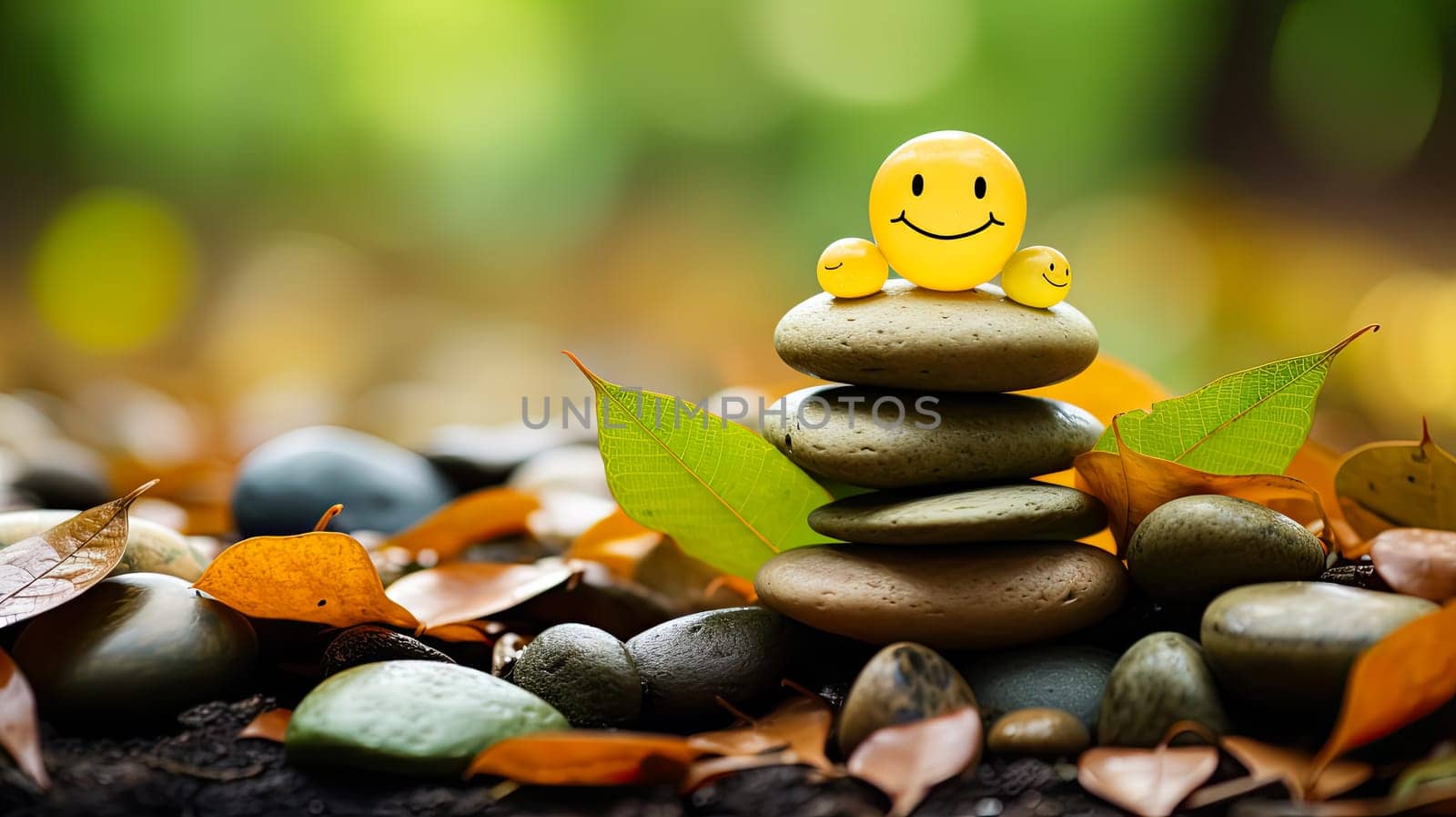 Encounter joy in simplicity with a close up of a stack of stones featuring a painted happy face against a nature background. A whimsical and Zen inspired concept.