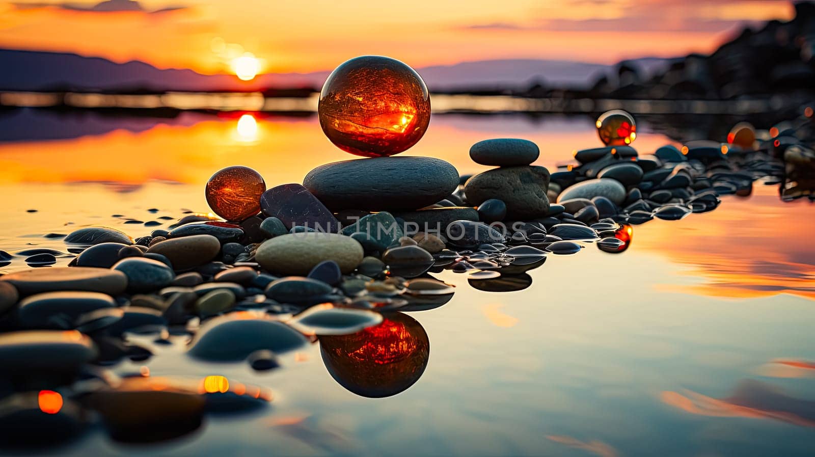 Experience the concept of harmony and balance with zen rocks arranged in the form of scales against the backdrop of the sea. A tranquil and meditative image.