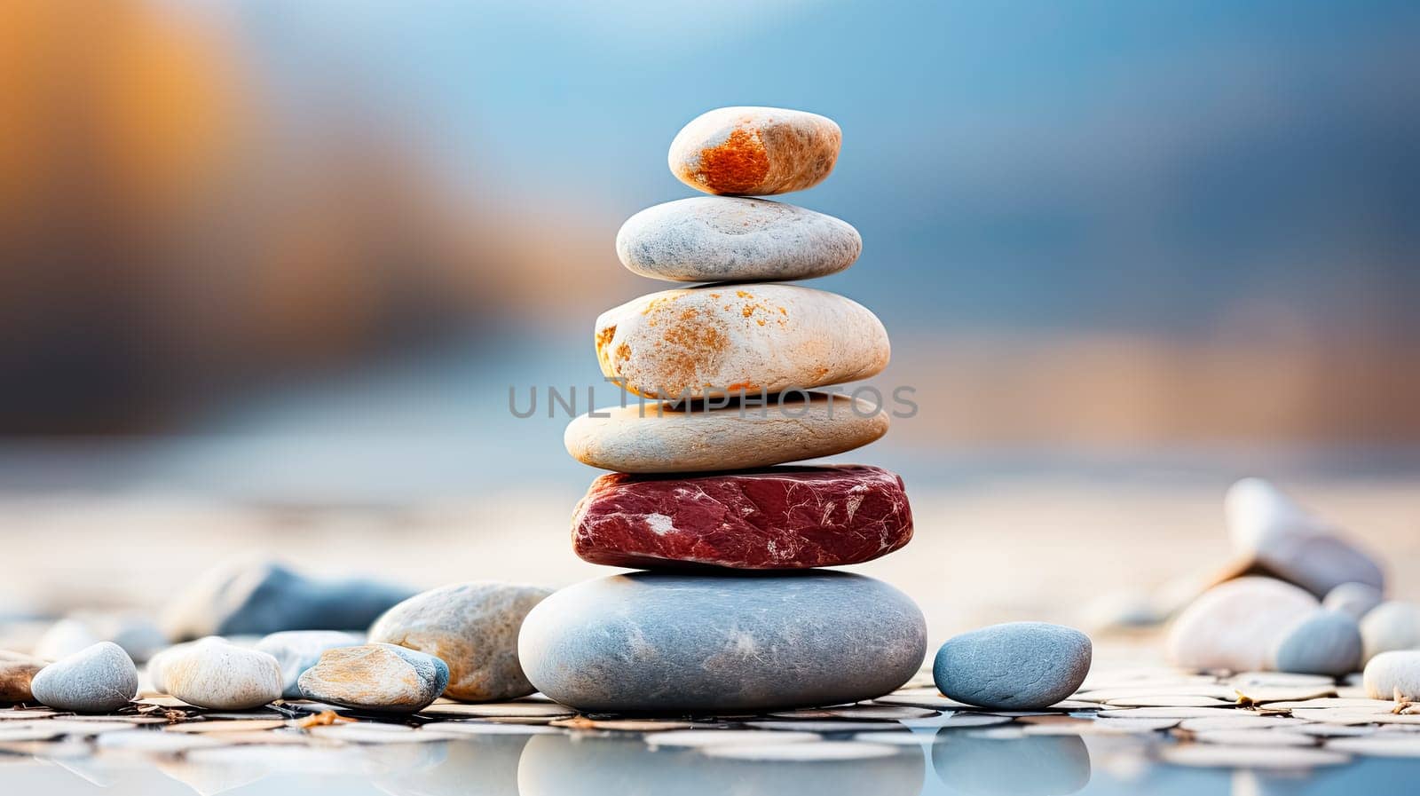 Experience the art of balance with rocks delicately stacked atop one another on moss covered stones. Amidst the greenery and flowing creek, a Zen stack emerges, creating a serene scene in the forest by the river.