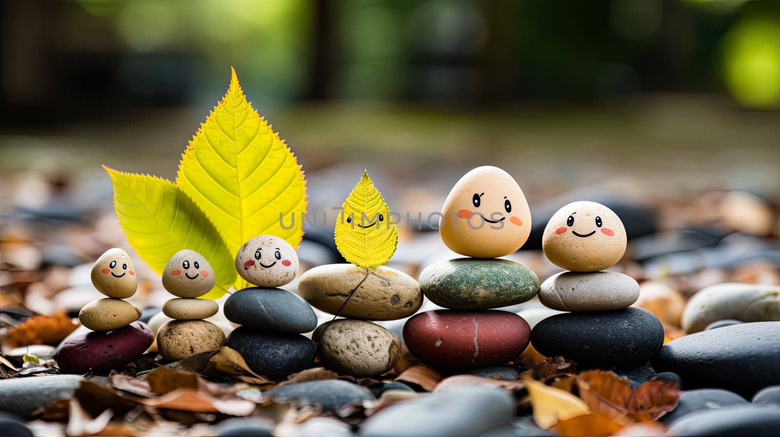 Encounter joy in simplicity with a close up of a stack of stones featuring a painted happy face against a nature background. A whimsical and Zen inspired concept.