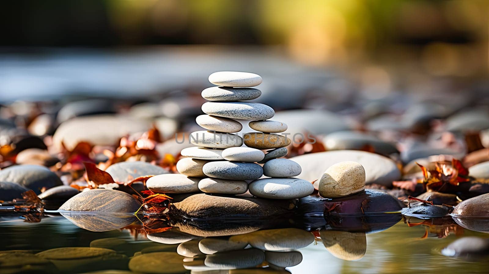 Experience the art of balance with rocks delicately stacked atop one another on moss covered stones. Amidst the greenery and flowing creek, a Zen stack emerges, creating a serene scene in the forest by the river.