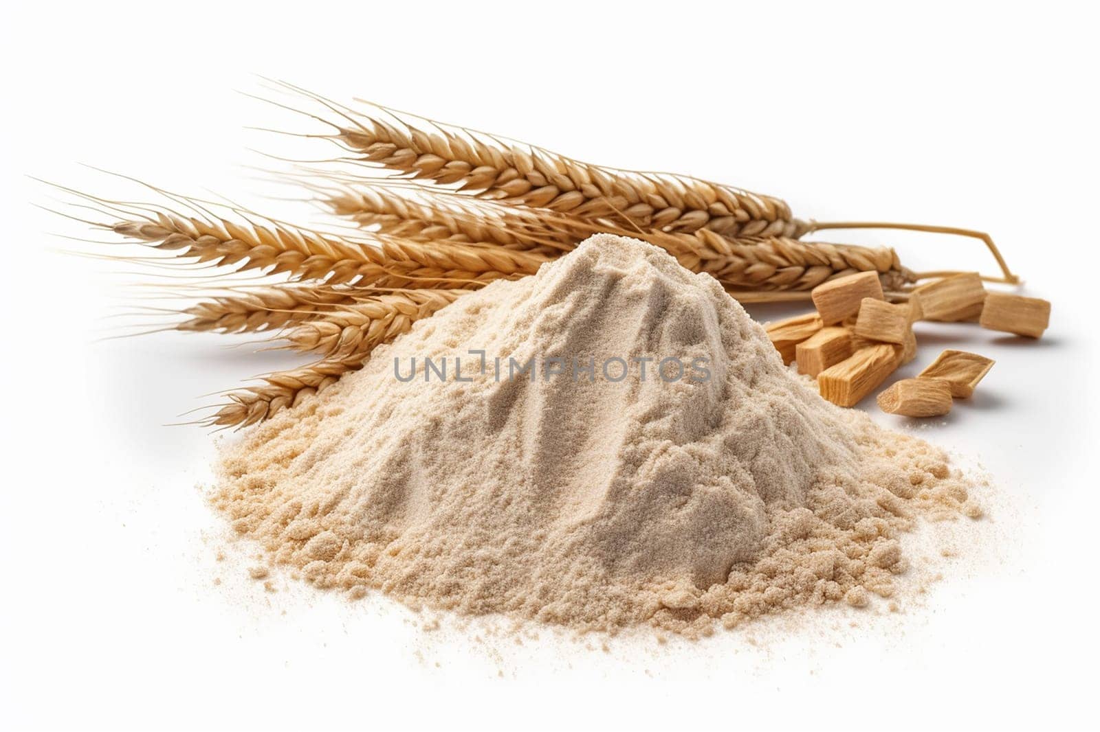 Heap of whole wheat flour with wheat ears