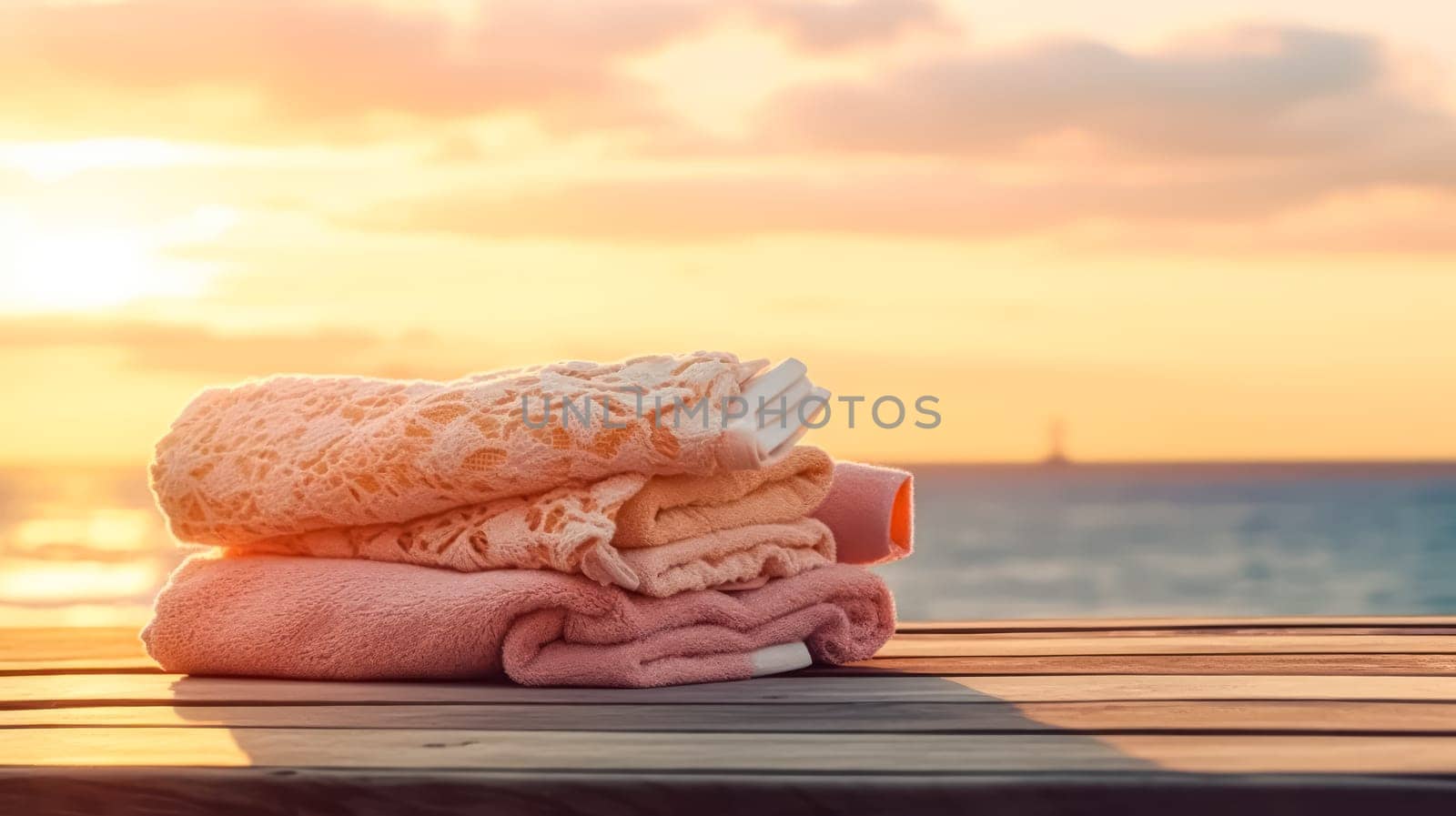 Indulge in relaxation with a serene spa and care concept. A stack of towels rests on a table against the backdrop of a beach sunset, creating a tranquil ambiance.