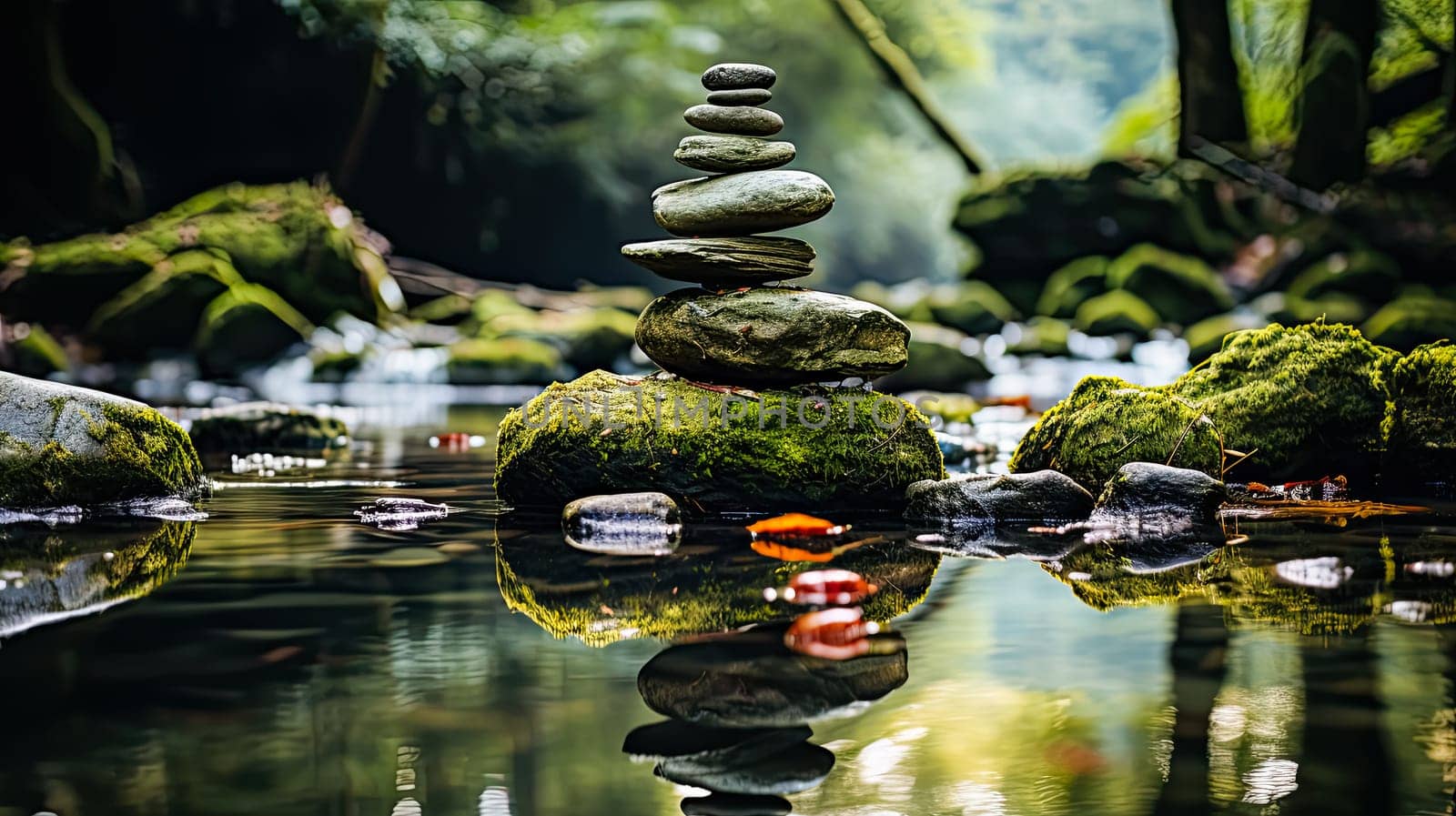 Witness the serene beauty of a balance of stones in a flowing river, a harmonious arrangement that captures the tranquility of nature's delicate equilibrium.