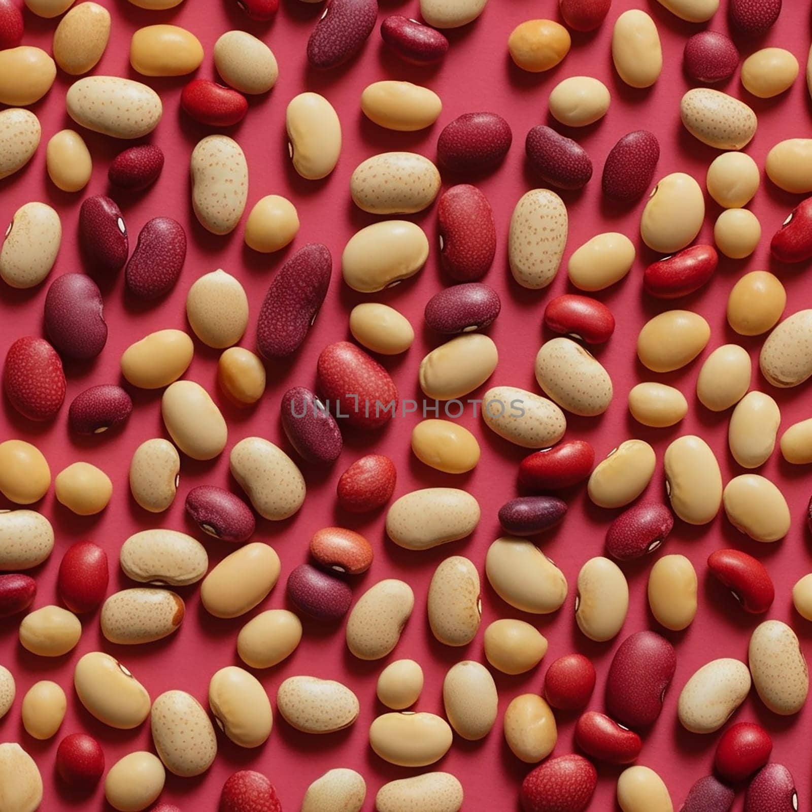 Assortment of multicolored kidney beans scattered on a red background.