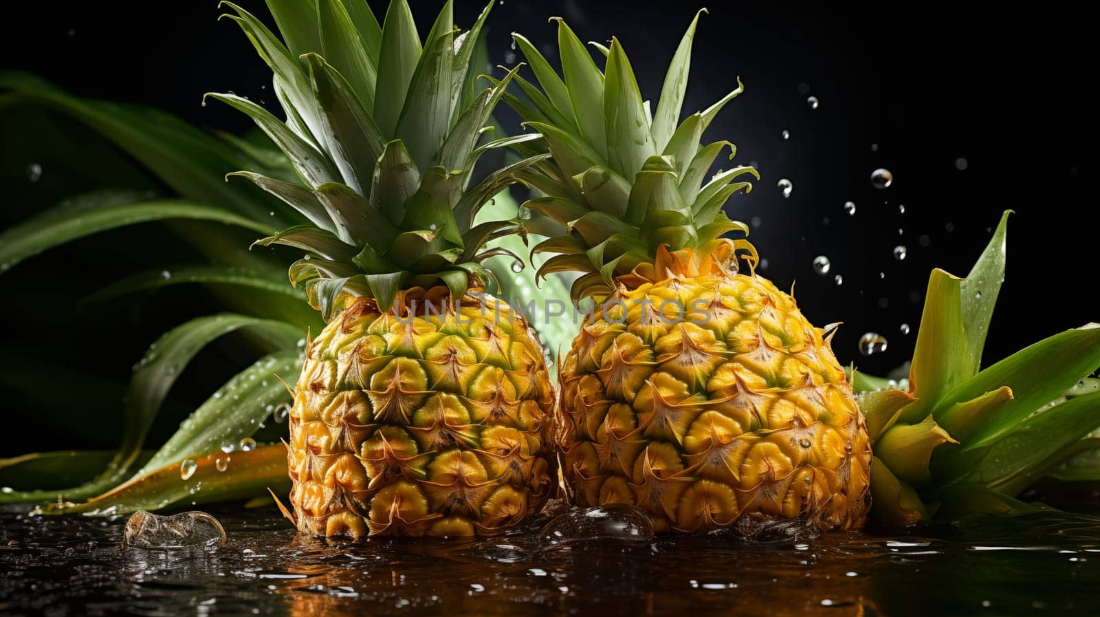 Two beautiful fresh pineapple fall in water, with splashes, black background by Zakharova