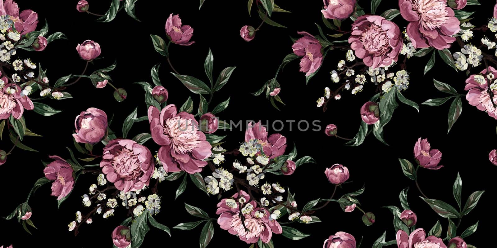 Seamless realistic pattern drawn with pink peonies in a classic oriental style for textile