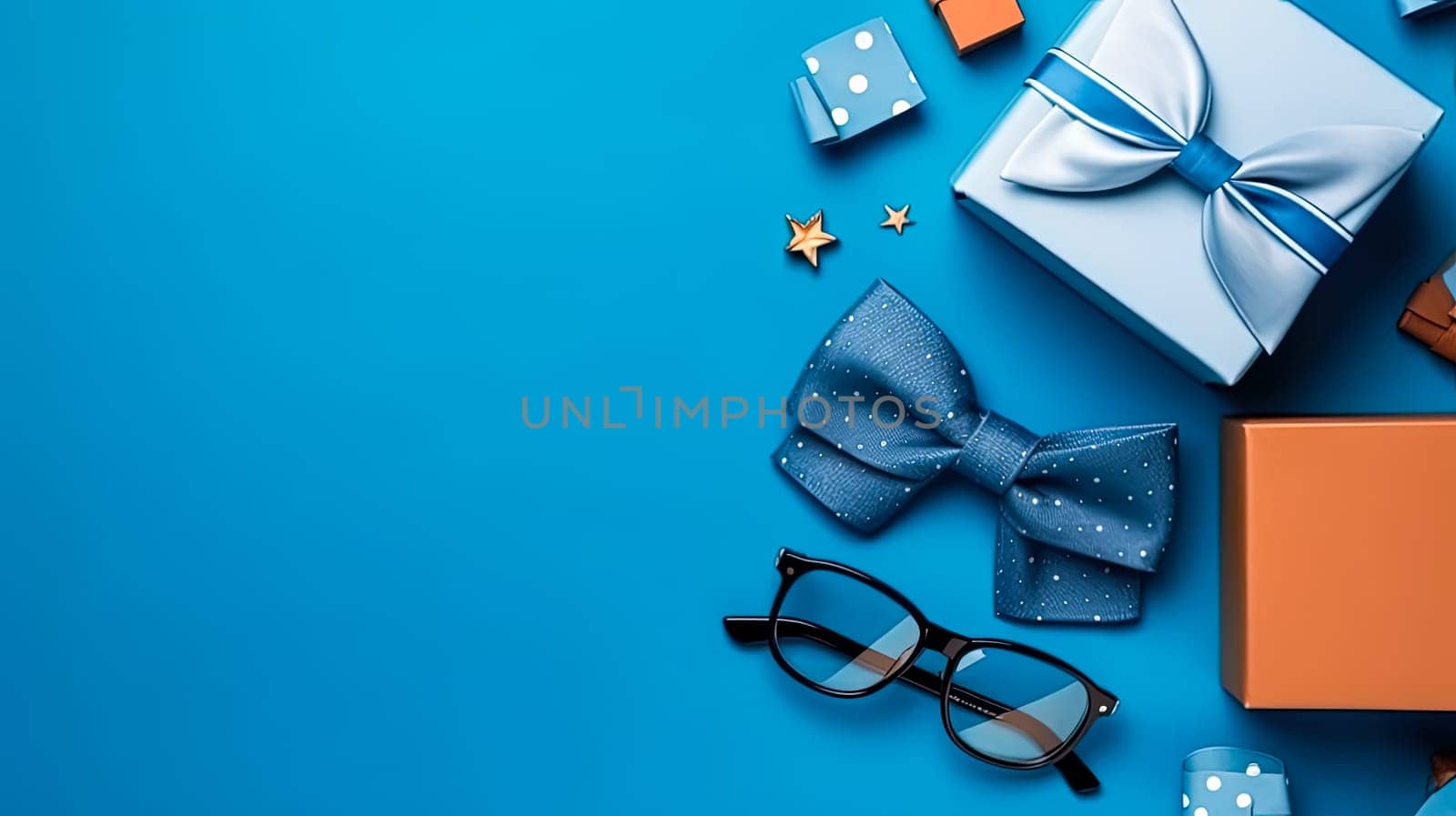 a gift box, necktie, and glasses elegantly arranged on a pastel blue background. by Alla_Morozova93