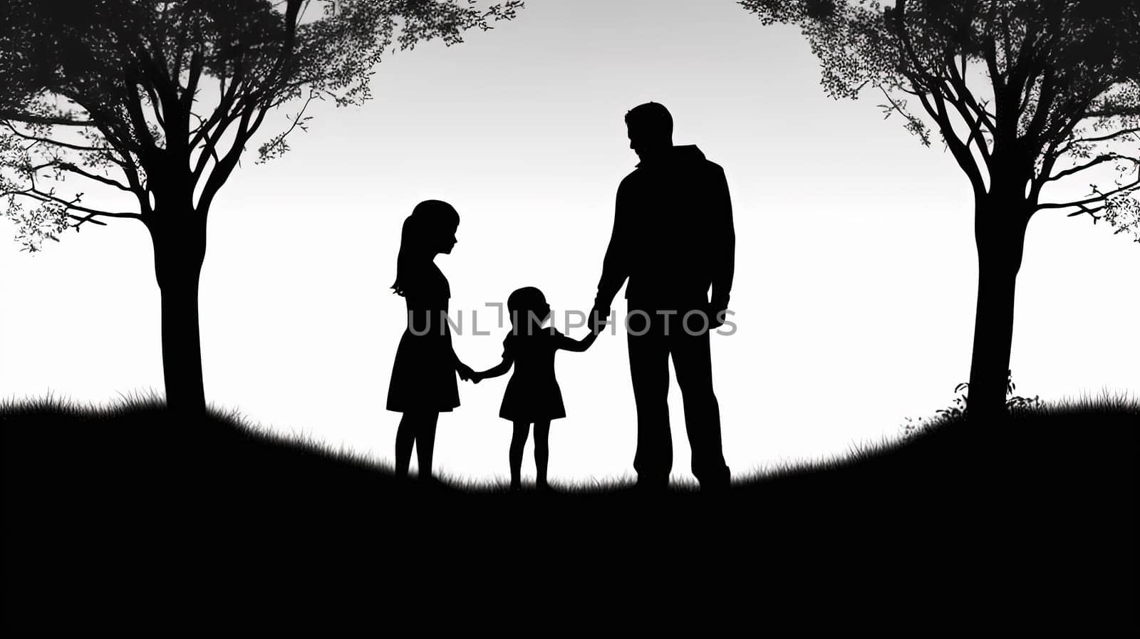 Capture the beauty of family love with an illustration of a father, children, and wife against a sunset backdrop. A heartwarming Fathers Day concept filled with warmth and togetherness.