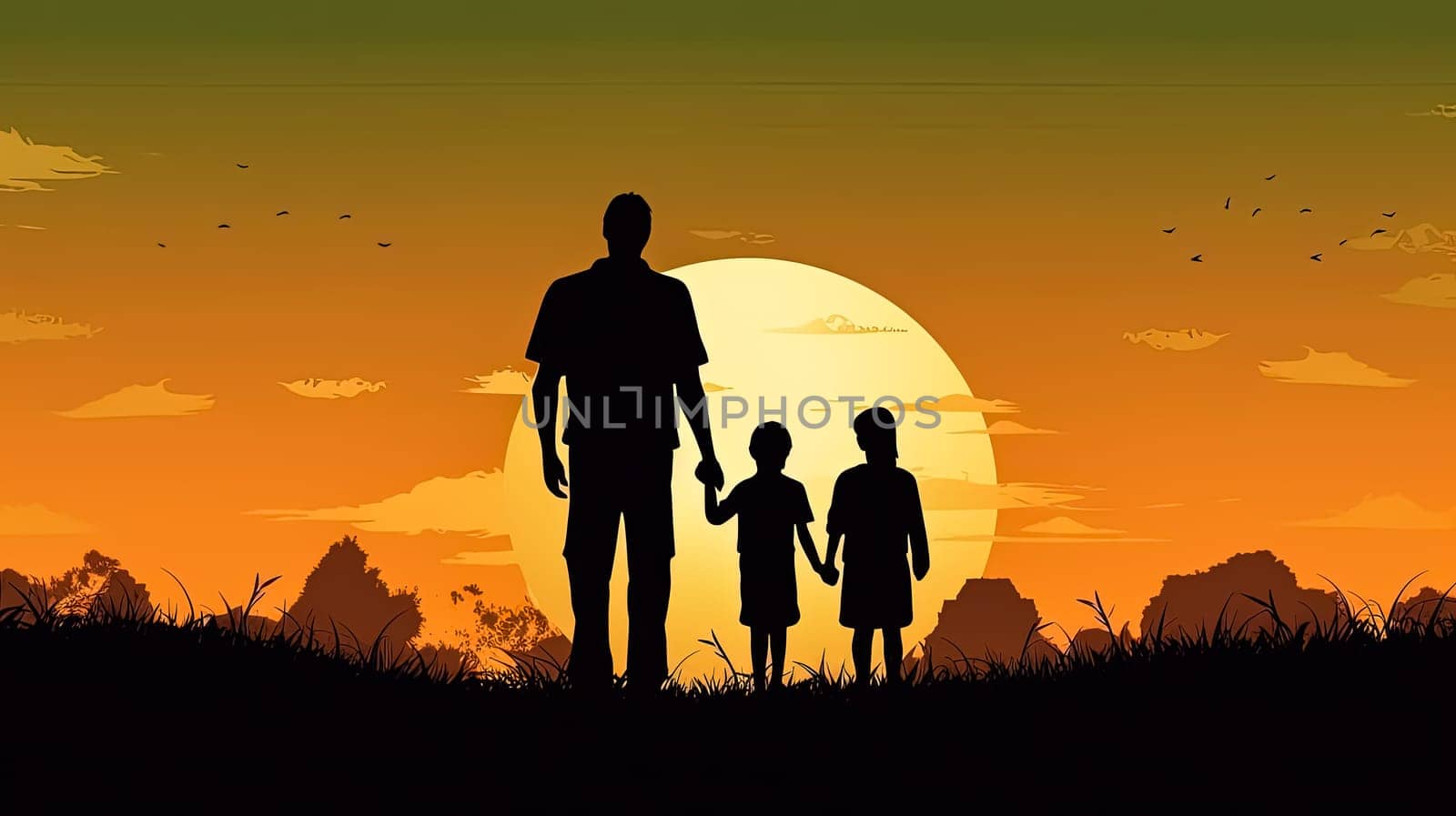 Capture the beauty of family love with an illustration of a father, children, and wife against a sunset backdrop. A heartwarming Fathers Day concept filled with warmth and togetherness.