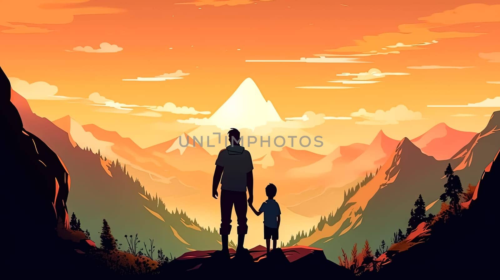 Embark on a heartwarming journey with an illustration of a father holding his childs hand against a mountainous backdrop. A touching Fathers Day concept full of love and adventure.