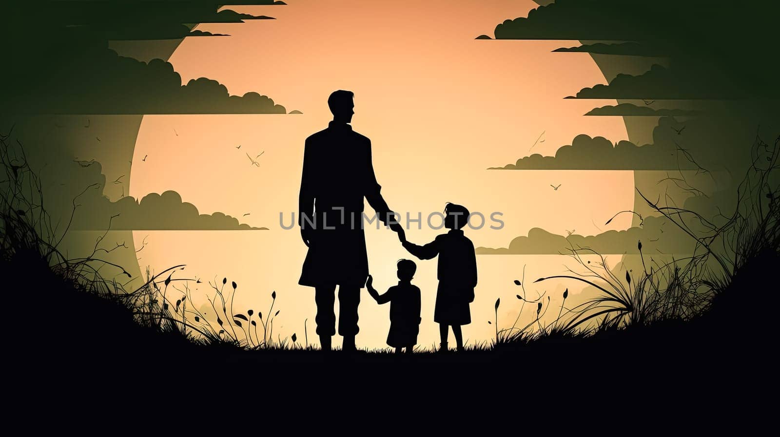 Capture the beauty of family love with an illustration of a father, children, and wife against a sunset backdrop. A heartwarming Fathers Day concept filled with warmth and togetherness.